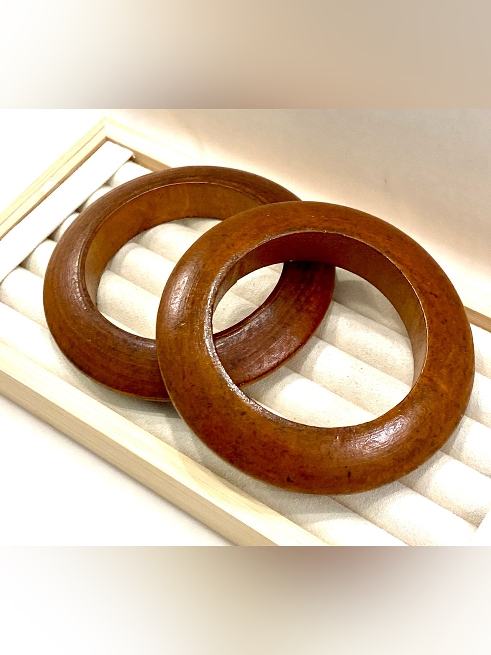 Vintage Chunky Wood Bangle Bracelet Set | 2pc Warm Chestnut Brown Tapered Stack